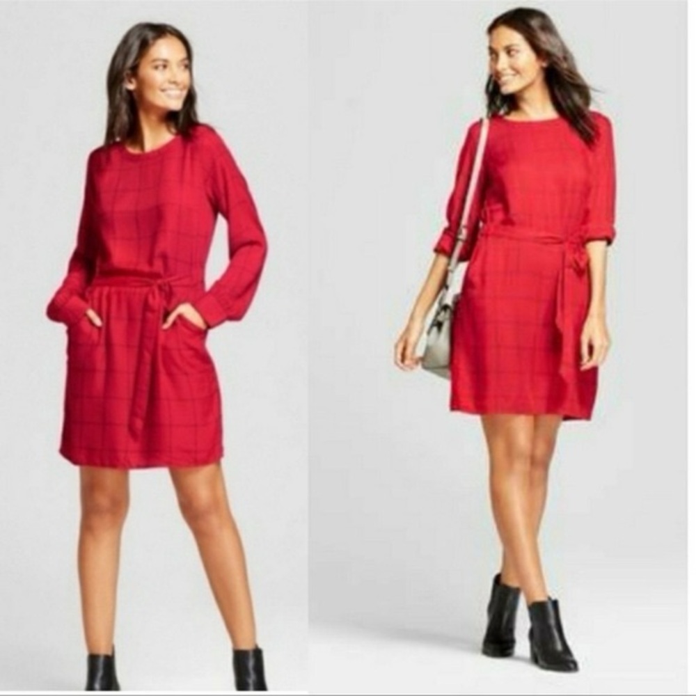 A New Day Red Windowpane Plaid Long Sleeve Tie Waist Dress Womens Large - Picture 12 of 13